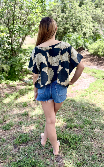 Back view of artisan silk cotton top