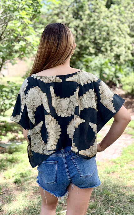 Back view of artisan silk cotton top