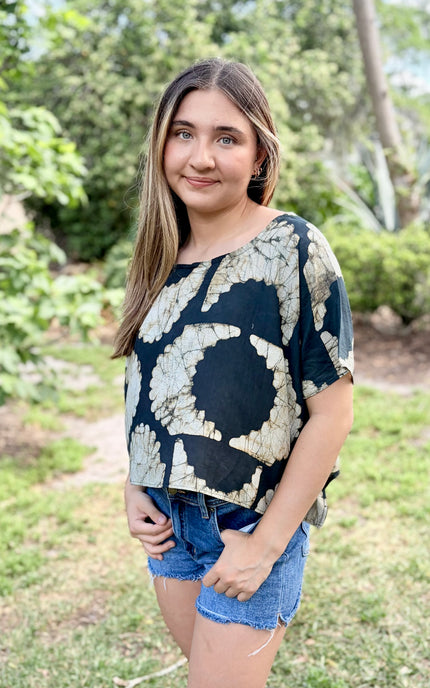 Side view of relaxed fit artisan top
