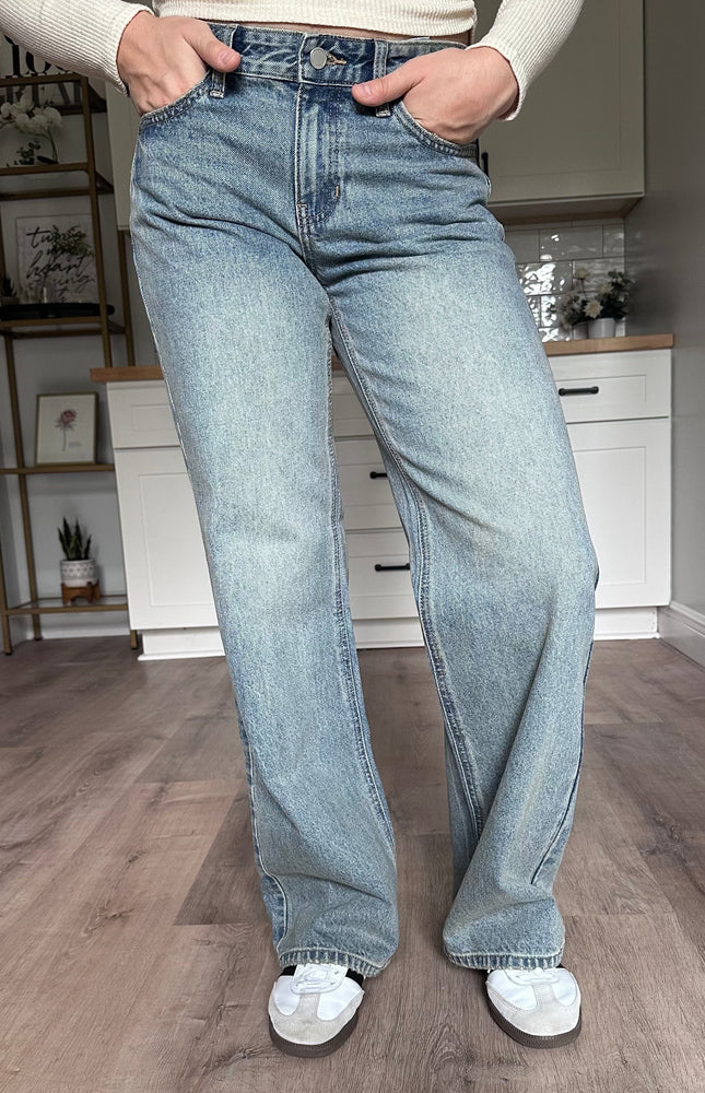 Audrey vintage straight leg jeans with relaxed mid-rise fit and light vintage wash denim