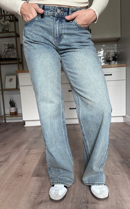 Audrey vintage straight leg jeans with relaxed mid-rise fit and light vintage wash denim