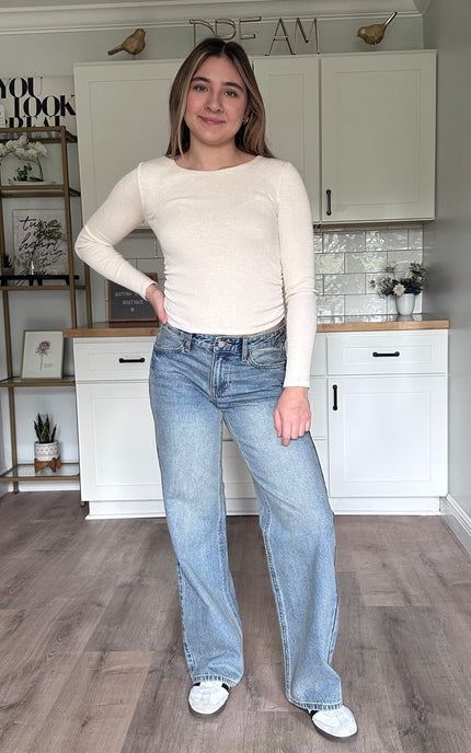 Audrey vintage straight leg jeans with relaxed mid-rise fit and light vintage wash denim