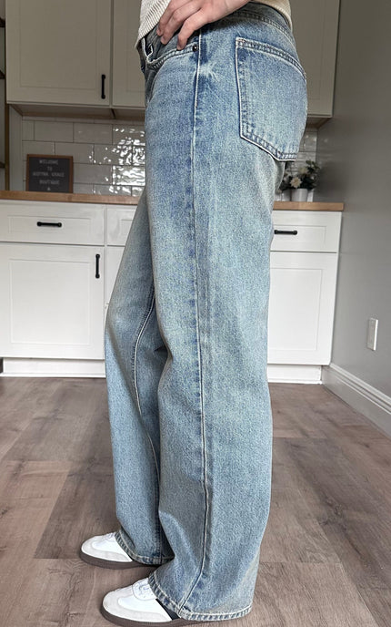 Side view of the Audrey vintage jeans showing straight leg silhouette and structured cotton denim
