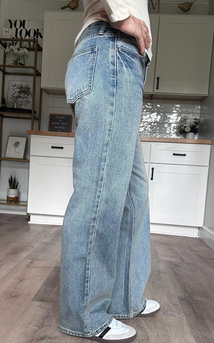 Side view of the Audrey vintage jeans showing straight leg silhouette and structured cotton denim
