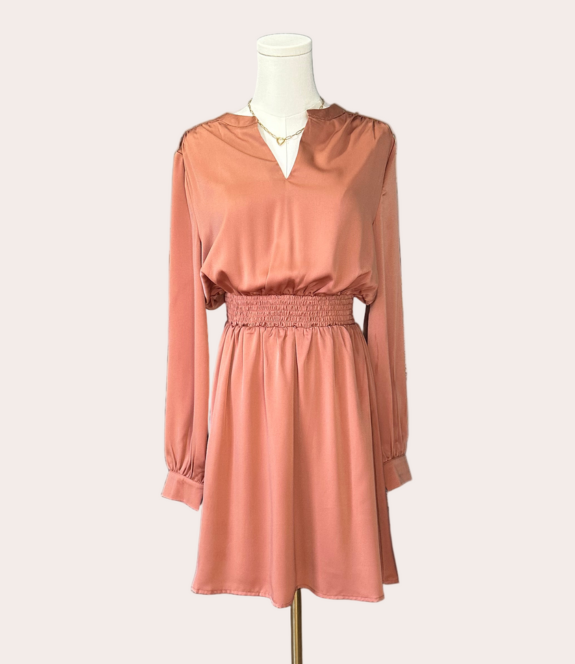 Terracotta long sleeve dress with elastic waist and v-neckline — soft autumn hue with graceful flow from Justyna Grace Boutique.