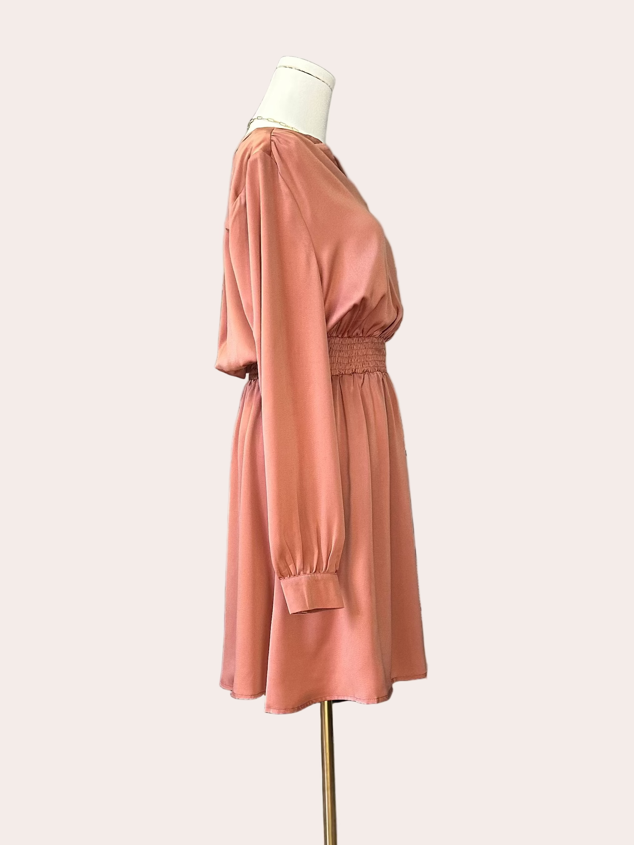 Autumn Ease Dress – soft terracotta long-sleeve dress with gathered waist and V-notch neckline – Justyna Grace Boutique