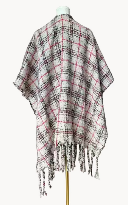 The Autumn Glen Reversible Plaid Ruana in ivory, red, and charcoal — cozy midweight knit wrap with tassel fringe from Justyna Grace Boutique.