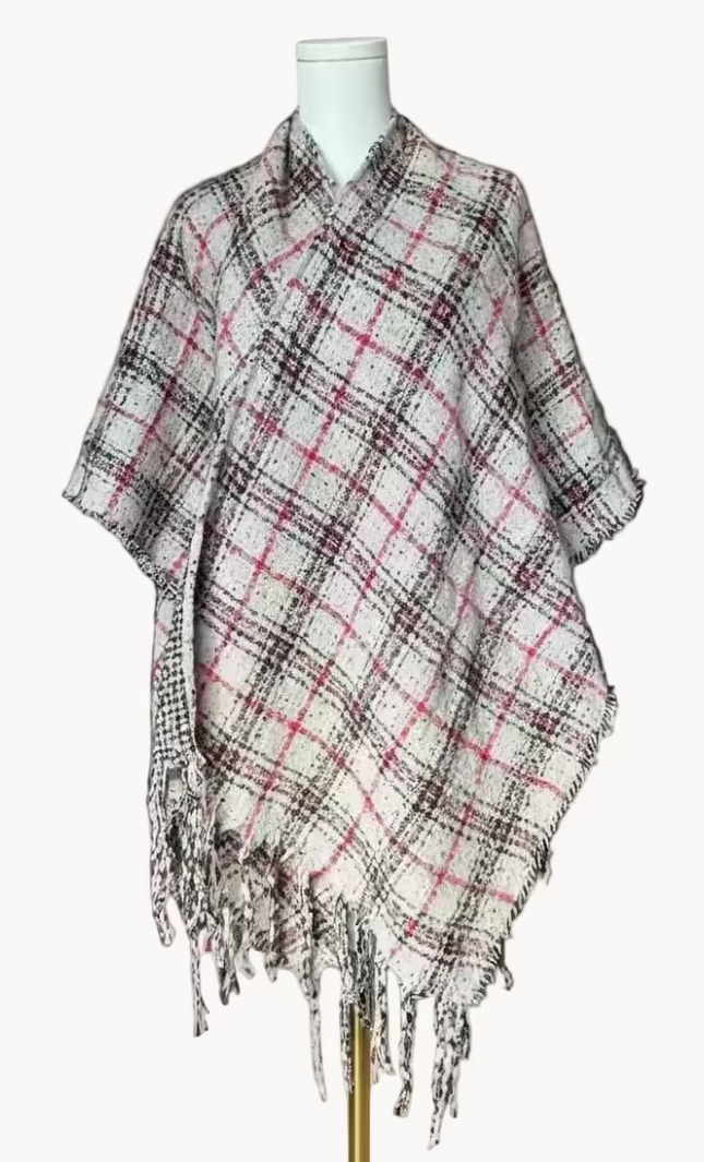The Autumn Glen Reversible Plaid Ruana in ivory, red, and charcoal — cozy midweight knit wrap with tassel fringe from Justyna Grace Boutique.