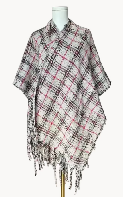 The Autumn Glen Reversible Plaid Ruana in ivory, red, and charcoal — cozy midweight knit wrap with tassel fringe from Justyna Grace Boutique.