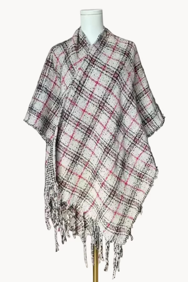 The Autumn Glen Reversible Plaid Ruana in ivory, red, and charcoal — cozy midweight knit wrap with tassel fringe from Justyna Grace Boutique.