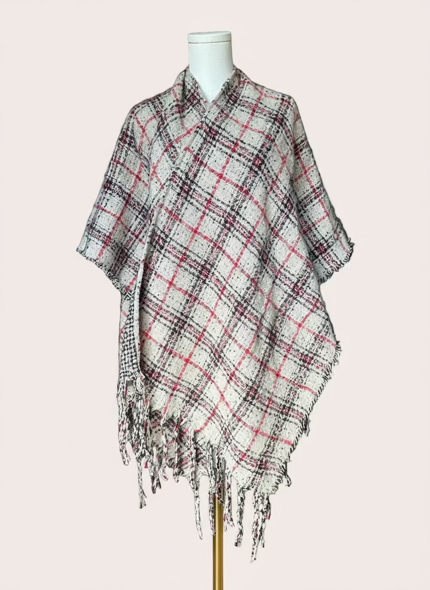 The Autumn Glen Reversible Plaid Ruana in ivory, red, and charcoal — cozy midweight knit wrap with tassel fringe from Justyna Grace Boutique.