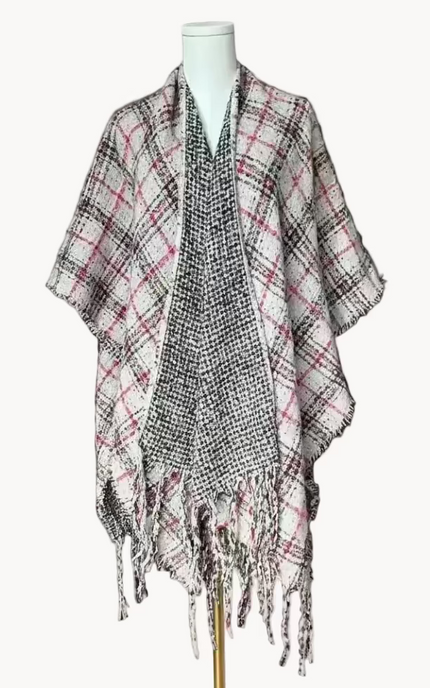 The Autumn Glen Reversible Plaid Ruana in ivory, red, and charcoal — cozy midweight knit wrap with tassel fringe from Justyna Grace Boutique.