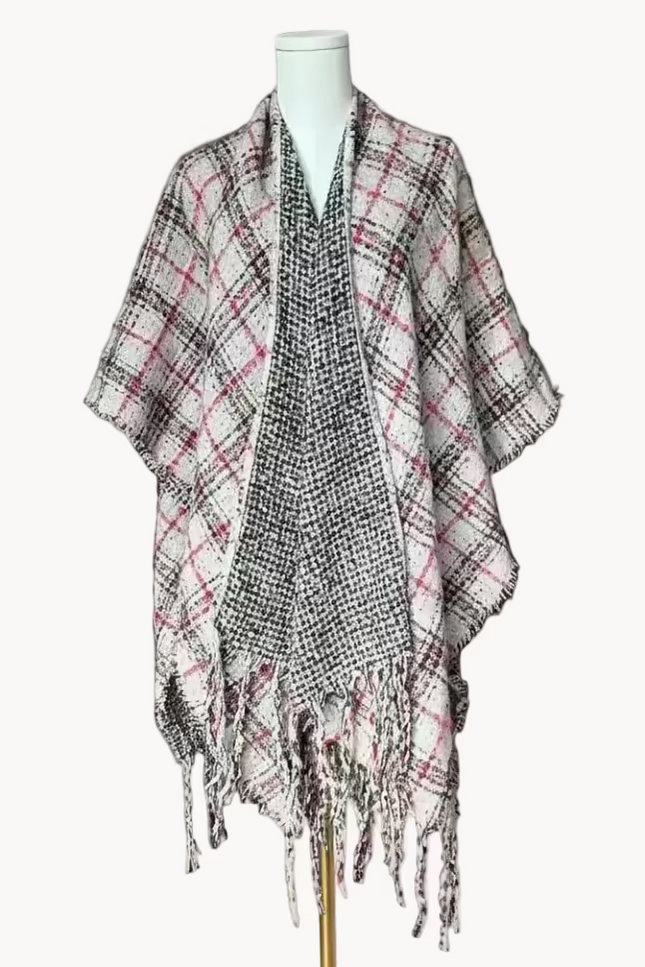 The Autumn Glen Reversible Plaid Ruana in ivory, red, and charcoal — cozy midweight knit wrap with tassel fringe from Justyna Grace Boutique.