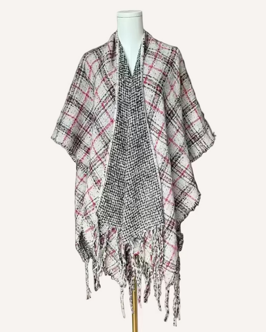 The Autumn Glen Reversible Plaid Ruana in ivory, red, and charcoal — cozy midweight knit wrap with tassel fringe from Justyna Grace Boutique.