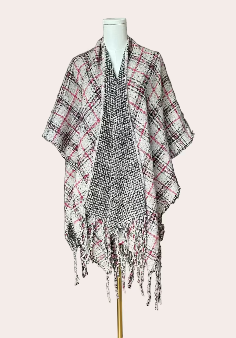 The Autumn Glen Reversible Plaid Ruana in ivory, red, and charcoal — cozy midweight knit wrap with tassel fringe from Justyna Grace Boutique.