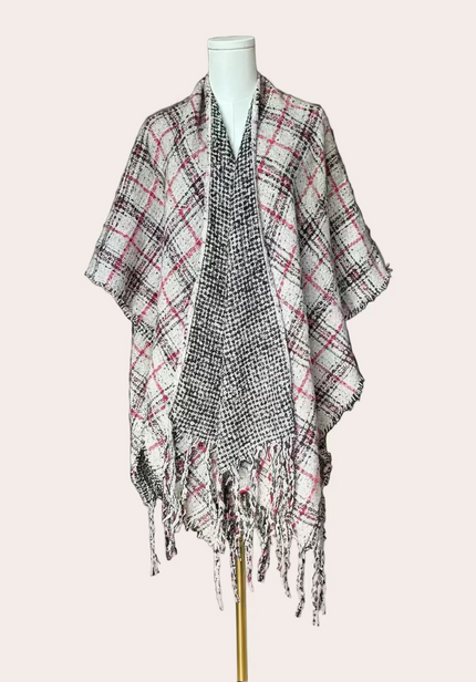The Autumn Glen Reversible Plaid Ruana in ivory, red, and charcoal — cozy midweight knit wrap with tassel fringe from Justyna Grace Boutique.
