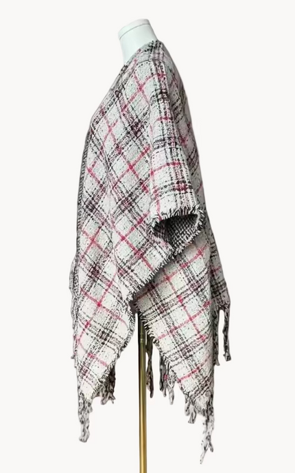 The Autumn Glen Reversible Plaid Ruana in ivory, red, and charcoal — cozy midweight knit wrap with tassel fringe from Justyna Grace Boutique.