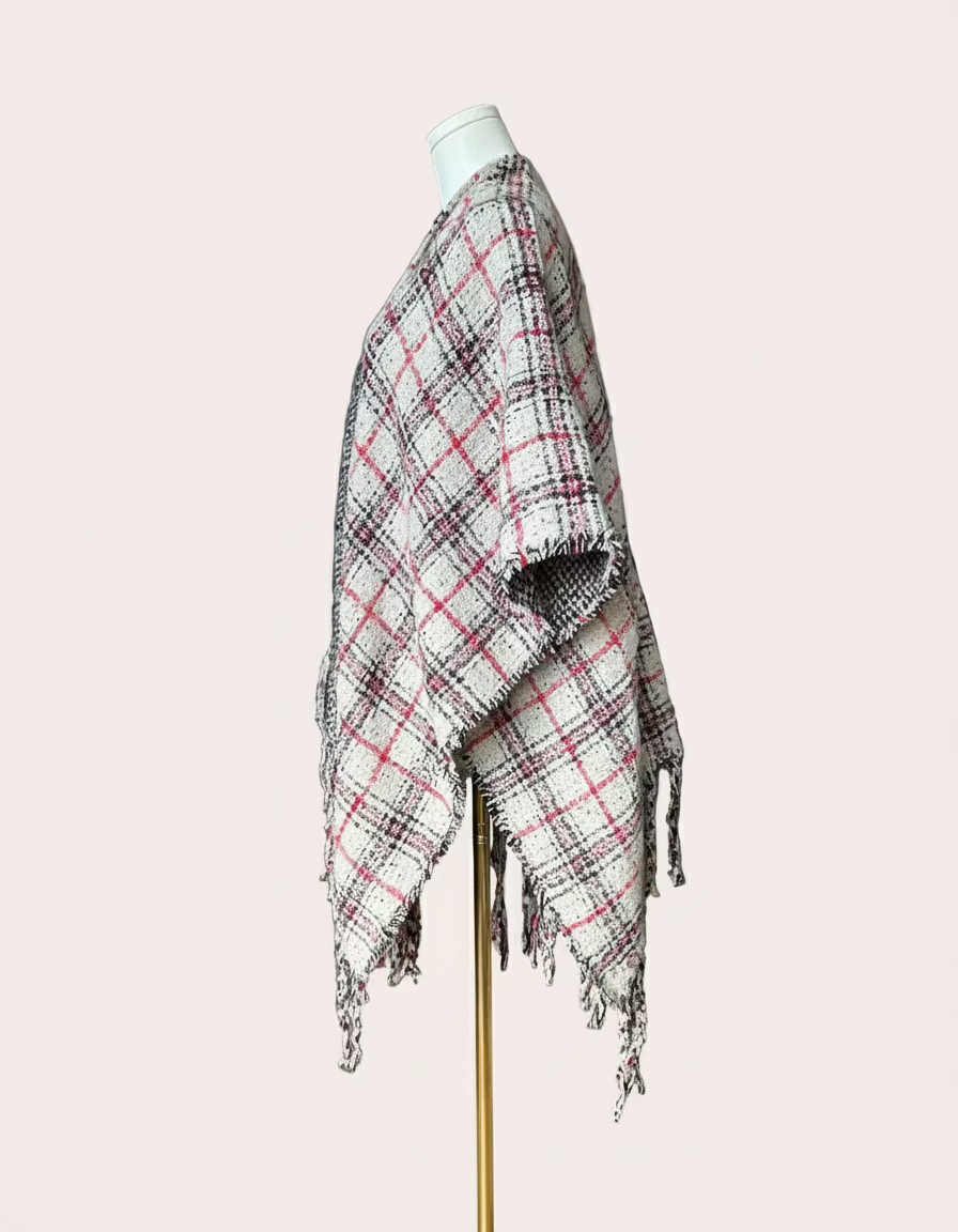 The Autumn Glen Reversible Plaid Ruana in ivory, red, and charcoal — cozy midweight knit wrap with tassel fringe from Justyna Grace Boutique.