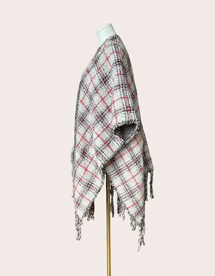 The Autumn Glen Reversible Plaid Ruana in ivory, red, and charcoal — cozy midweight knit wrap with tassel fringe from Justyna Grace Boutique.