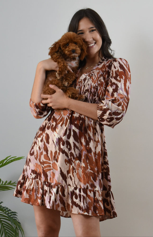 Autumn Whisper mini dress long sleeve with elastic cuff and soft crinkle gauze texture