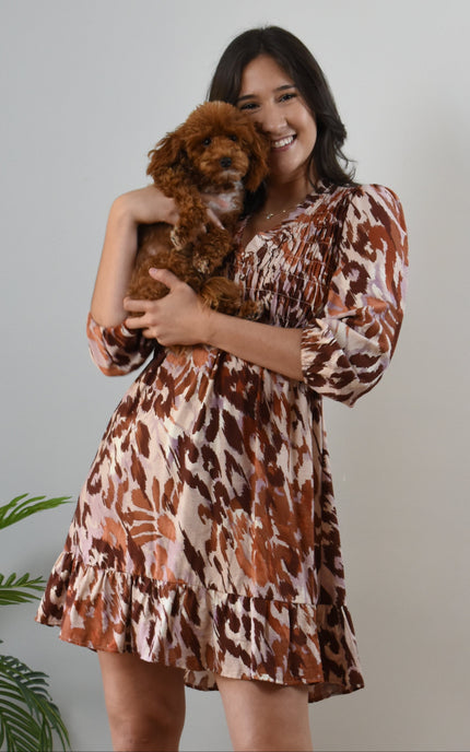 Autumn Whisper mini dress long sleeve with elastic cuff and soft crinkle gauze texture