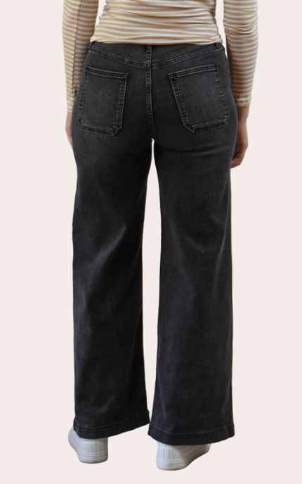 High-rise wide-leg jeans in washed black with timeless structure and soft stretch comfort. The Ava Denim — elevated essentials from Justyna Grace Boutique.