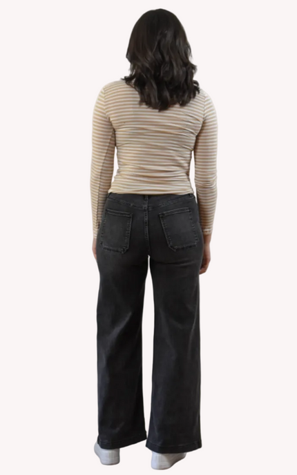 High-rise wide-leg jeans in washed black with timeless structure and soft stretch comfort. The Ava Denim — elevated essentials from Justyna Grace Boutique.