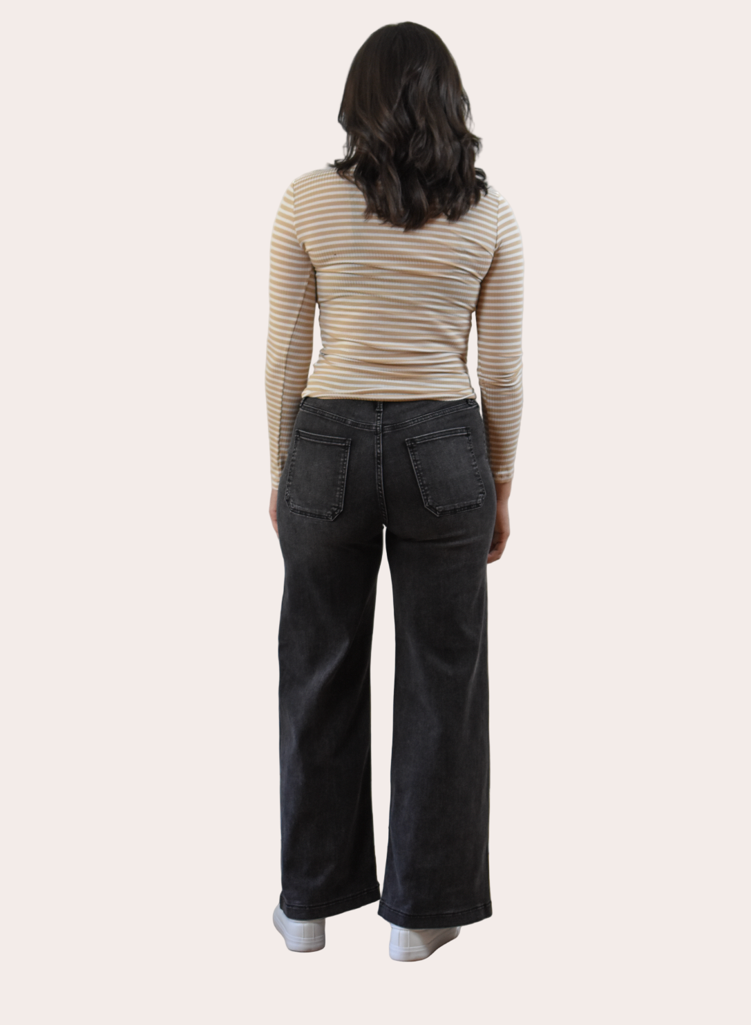 High-rise wide-leg jeans in washed black with timeless structure and soft stretch comfort. The Ava Denim — elevated essentials from Justyna Grace Boutique.