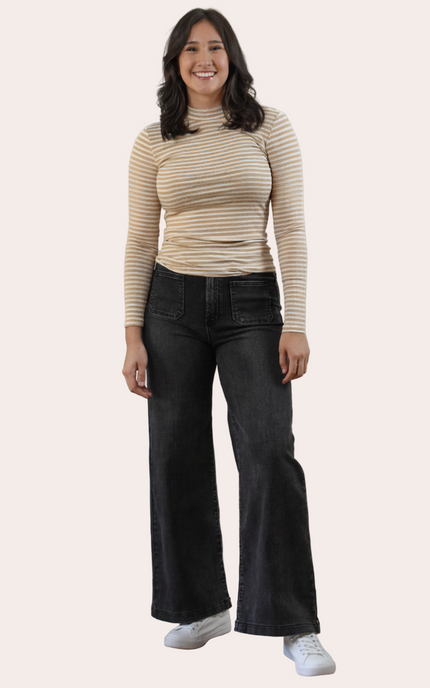 High-rise wide-leg jeans in washed black with timeless structure and soft stretch comfort. The Ava Denim — elevated essentials from Justyna Grace Boutique.