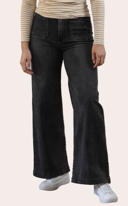 High-rise wide-leg jeans in washed black with timeless structure and soft stretch comfort. The Ava Denim — elevated essentials from Justyna Grace Boutique.
