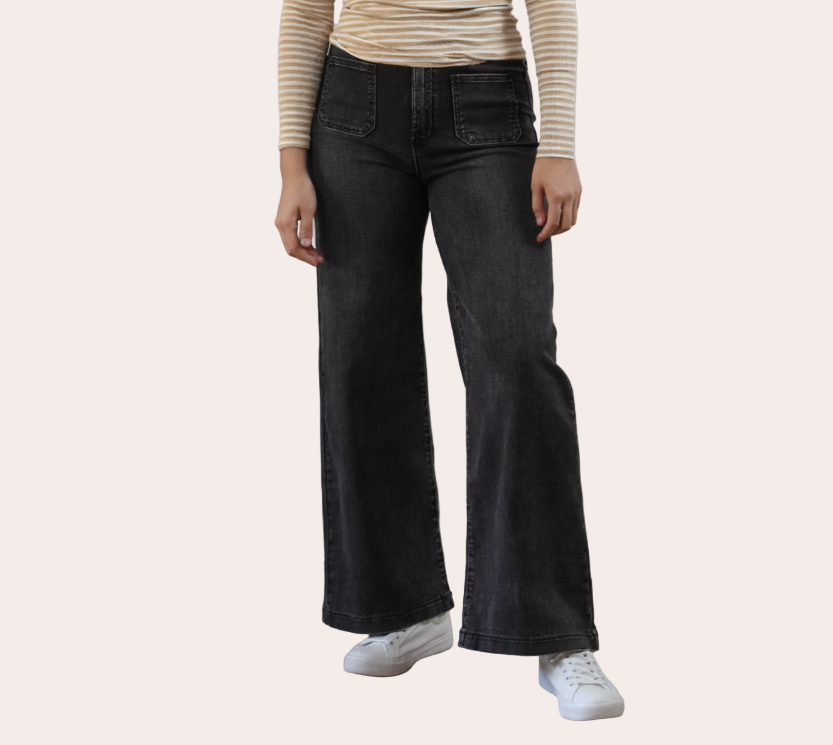 High-rise wide-leg jeans in washed black with timeless structure and soft stretch comfort. The Ava Denim — elevated essentials from Justyna Grace Boutique.