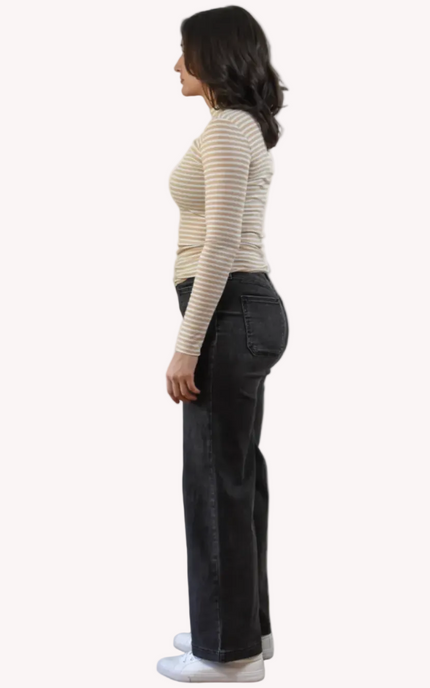 High-rise wide-leg jeans in washed black with timeless structure and soft stretch comfort. The Ava Denim — elevated essentials from Justyna Grace Boutique.