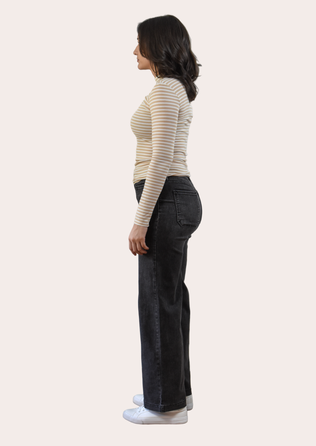 High-rise wide-leg jeans in washed black with timeless structure and soft stretch comfort. The Ava Denim — elevated essentials from Justyna Grace Boutique.