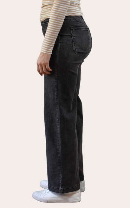 High-rise wide-leg jeans in washed black with timeless structure and soft stretch comfort. The Ava Denim — elevated essentials from Justyna Grace Boutique.