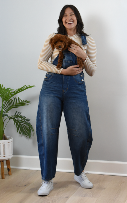 Barrel-Leg Denim Overalls — relaxed wide-leg overalls with classic bib front and adjustable straps from Justyna Grace Boutique.