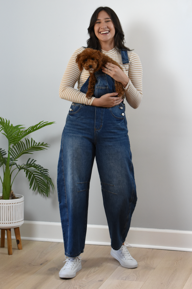 Barrel-Leg Denim Overalls — relaxed wide-leg overalls with classic bib front and adjustable straps from Justyna Grace Boutique.