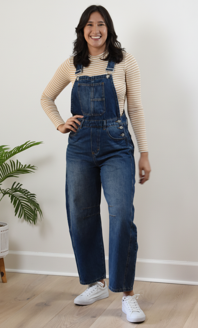 Barrel-Leg Denim Overalls — relaxed wide-leg overalls with classic bib front and adjustable straps from Justyna Grace Boutique.