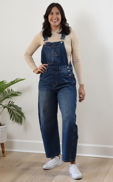 Barrel-Leg Denim Overalls — relaxed wide-leg overalls with classic bib front and adjustable straps from Justyna Grace Boutique.