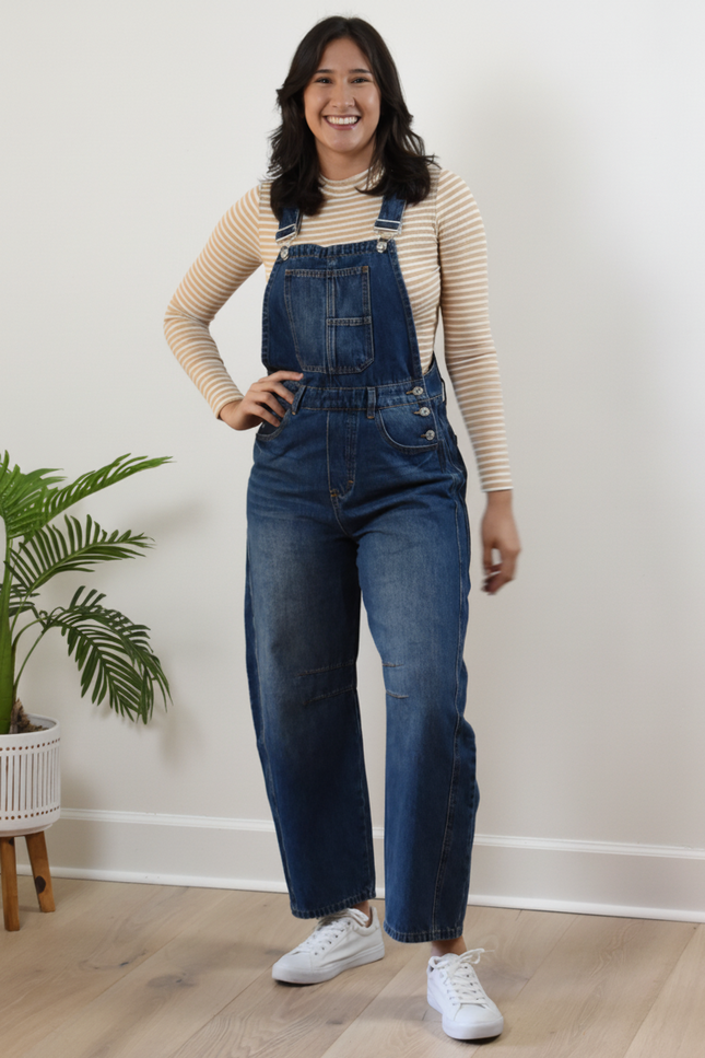 Barrel-Leg Denim Overalls — relaxed wide-leg overalls with classic bib front and adjustable straps from Justyna Grace Boutique.