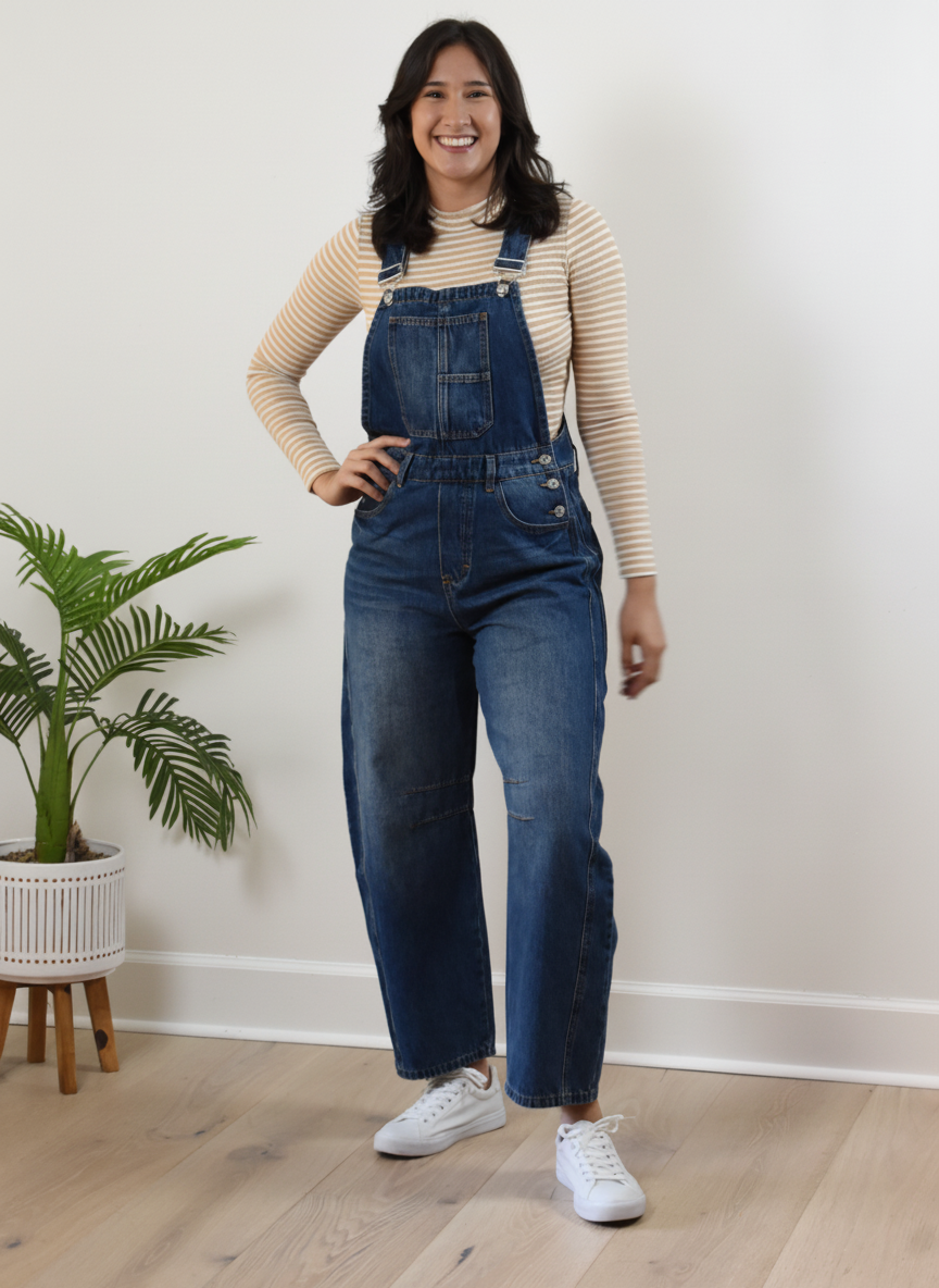Barrel-Leg Denim Overalls — relaxed wide-leg overalls with classic bib front and adjustable straps from Justyna Grace Boutique.