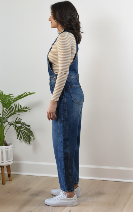 Barrel-Leg Denim Overalls — relaxed wide-leg overalls with classic bib front and adjustable straps from Justyna Grace Boutique.