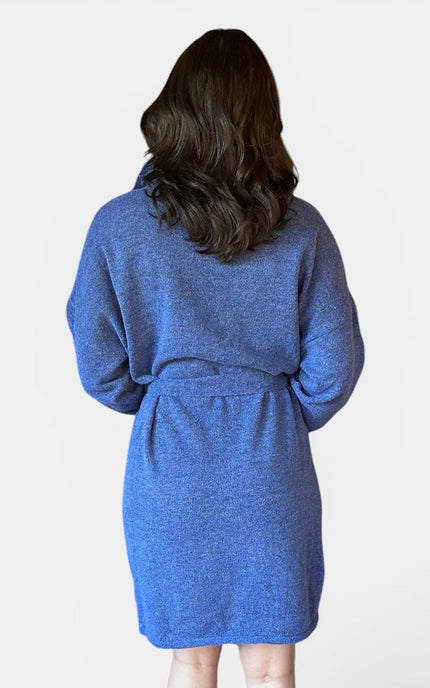 A woman viewed from behind wearing a heathered blue knit dress with long sleeves and a tie belt at the waist, against a plain light background.
