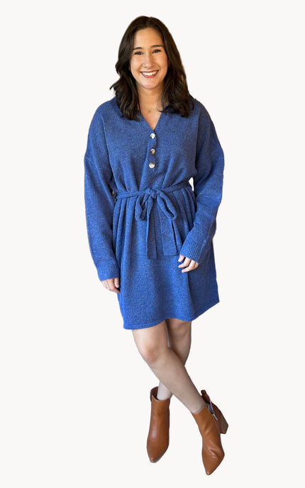 Belted knit tunic with collared V-neckline and relaxed longline fit