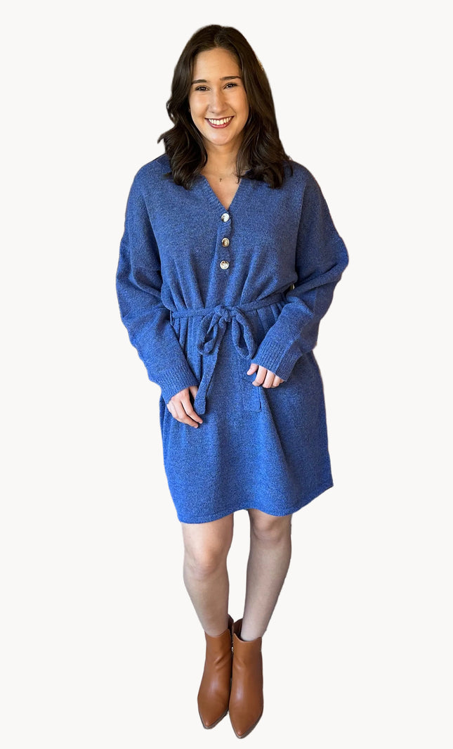 Belted knit tunic with collared V-neckline and relaxed longline fit