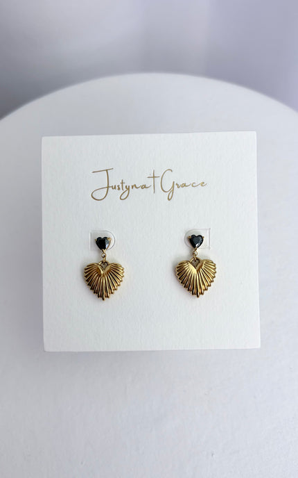 Black crystal heart and textured gold drop earrings in 18k gold PVD over 316L stainless steel with cubic zirconia detail