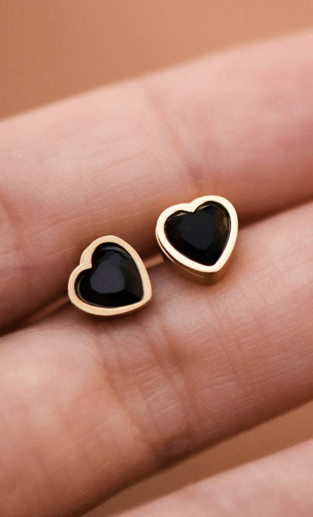 black crystal heart stud earrings in 18K gold plated stainless steel