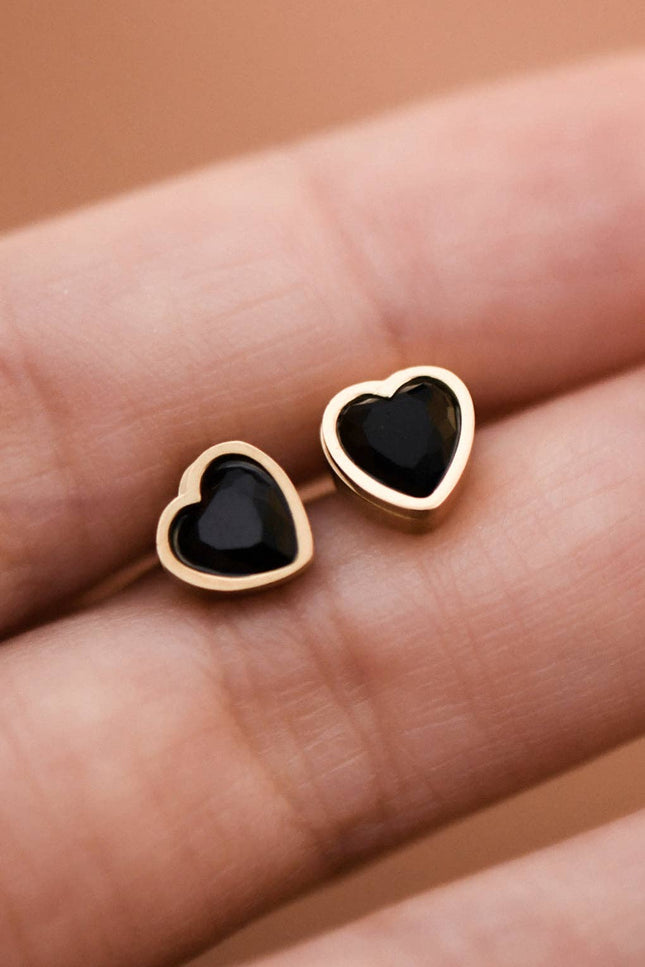 black crystal heart stud earrings in 18K gold plated stainless steel