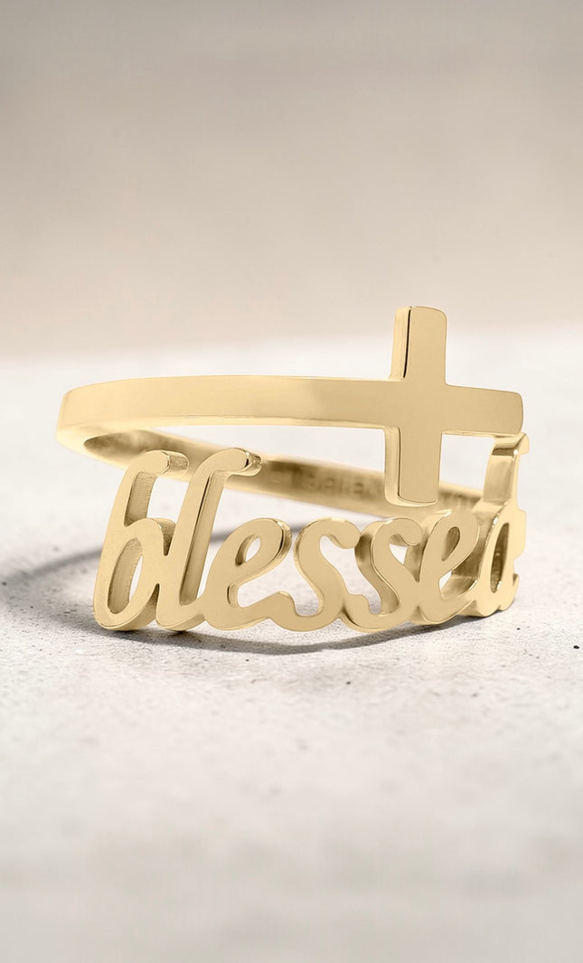Blessed cross ring gold PVD stainless steel adjustable Christian faith ring engraved do not fear for I am with you waterproof hypoallergenic jewelry