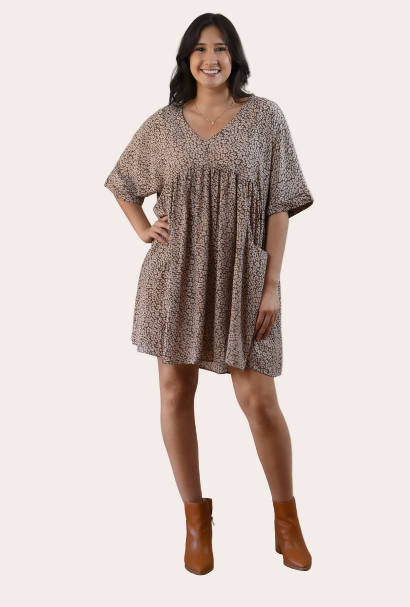 bThe Blush Leopard Babydoll Dress — soft blush and leopard print mini with v-neckline and dolman sleeves from Justyna Grace Boutique.ackground