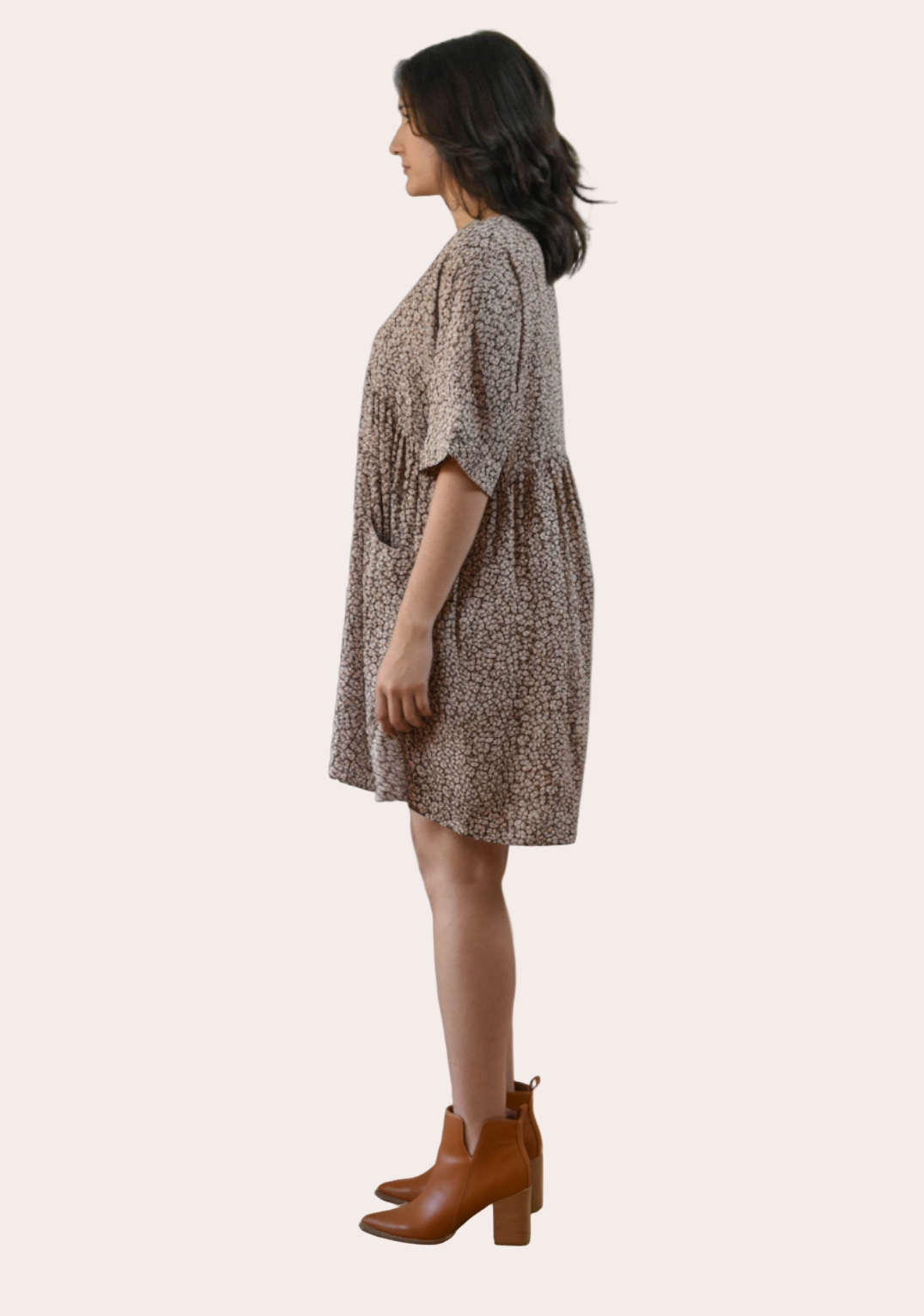 The Blush Leopard Babydoll Dress — soft blush and leopard print mini with v-neckline and dolman sleeves from Justyna Grace Boutique.